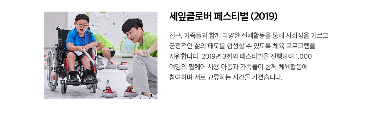 세잎클로버 페스티벌 (2019) 친구, 가족들과 함께 다양한 신체활동을 통해 사회성을 기르고 긍정적인 삶의 태도를 형성할 수 있도록 체육 프로그램을 지원합니다. 2019년 3회의 페스티벌을 진행하여 1,000 여명의 휠체어 사용 아동과 가족들이 함께 체육활동에 참여하며 서로 교류하는 시간을 가졌습니다.